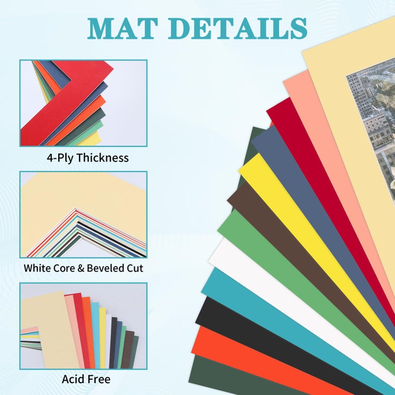 ZBEIVAN 12 Packs Mixed Colors 11x14 Picture Frame Mats for 8.5x11 Photos, Artworks and Prints, White Core Bevel Cut Frame Mattes - Image 3